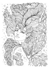 Vector princess girl. Fantastic woman fairytale elf with a sharp ear. Magical fairy with weave pattern wings, wavy hair decorated headdress crown and feather. Ornamental illustration coloring page