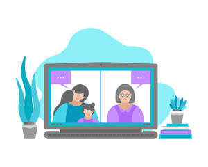 Vector isolated flat illustration. Laptop and senior grandmother and her daughter with baby on screen talking online by video chat in quarantine time. Web camera and apps for distant communication
