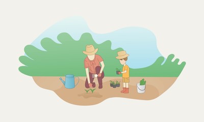 children is helping his father growth plants in garden,His son learning farming,activity with kid and family together in weekend,Vector illustration.