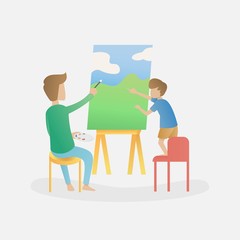 children boy enjoys learning to draw and paint with his parents,Vector illustration.