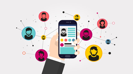 Social network illustration. Phone in a male hand on a background of a network of contacts. EPS 10 vector for use on web pages, in advertising, applications.