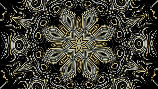 Abstract kaleidoscopic pattern formed by many narrow colorful lines on black background. Animation. Floral abstraction with different symmetric shapes.