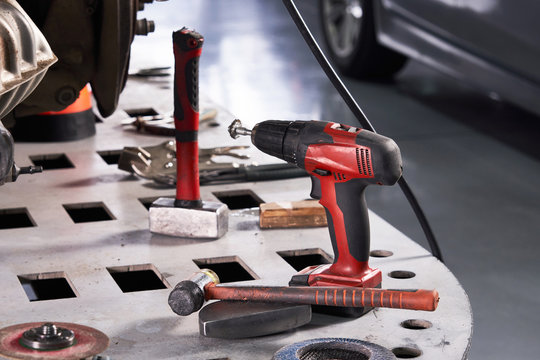 Car Repair Tools On The Table In Auto Repair Shop