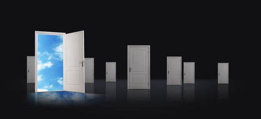 One open door among closed ones in room. Concept of choice