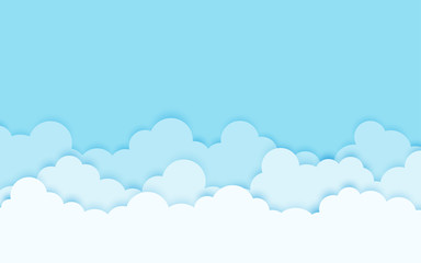 White and blue clouds with the sky, cartoon design  paper style with shadow vector background illustration and free space for text