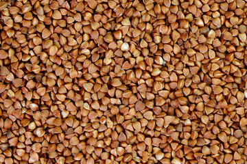Fototapeta premium Buckwheat groats closeup. Food background. Background texture of fried buckwheat grains. Top view on buckwheat grains. The concept of a healthy diet and agriculture.
