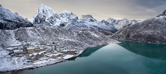 Panoramic high resolution image of Gokyo village, Gokyo lake Cholatse and other mountain peaks from Gokyo Ri in Everest region of Nepal.