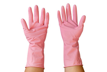 Two hands wearing pink rubber gloves isolated on white background, clipping path included