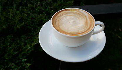 Obraz na płótnie Canvas Hot coffee cappuccino latte art spiral foam in ceramic cup over dark green plant