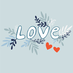 Leaf with lettering 'love'. Cute hand drawn vector illustration for valentines day and greetings card. Isolated object