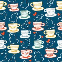 Vector seamless pattern with cups of tea or coffee. Abstract tea time print design.