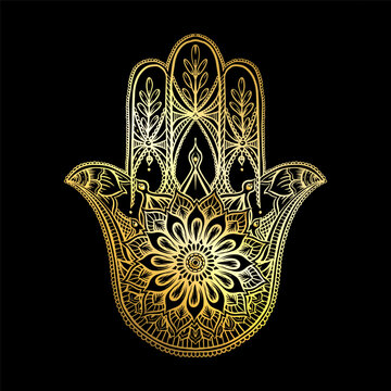 Ornate hand drawn hamsa. Popular Arabic and Jewish amulet in gold and black. Vector illustration.