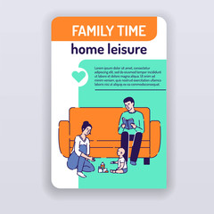 Family time brochure template. Home leisure cover design. Pastime magazine poster. Print design with linear illustrations cartoon characters on a turquoise background