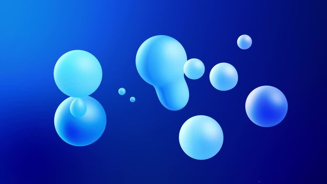 3d abstract background with droplets of molten wax merge and fly apart drops in liquid. Subsurface scattering material with internal blue glow. Seamless loop in 4k. 100
