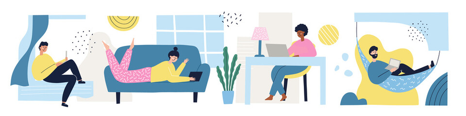 Set of dofferent people working at home. Freelance, work from home concept.  Men and women with laptops.