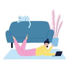 Girl working on a laptop on a rug near sofa. Cat lying on a sofa Freelance, work at home concept. Hand drawn flat vector illustration