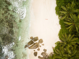 Tropical beach with palm trees, sandy beach and typical granite rocks and a woman in red bikini from high above, birds eye view, drone picture.