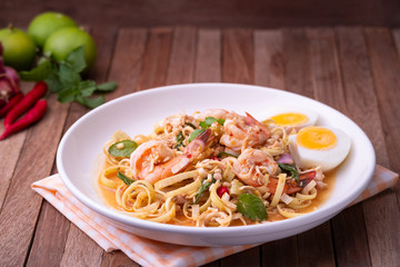 Spicy Thai Banana Blossom Salad with shrimp and boiled egg (Yum Hua Plee)