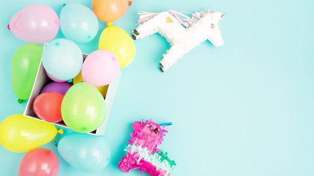 Stop motion animation with balloons getting out of gift box. Happy birthday, festive celebration, party accessories concept