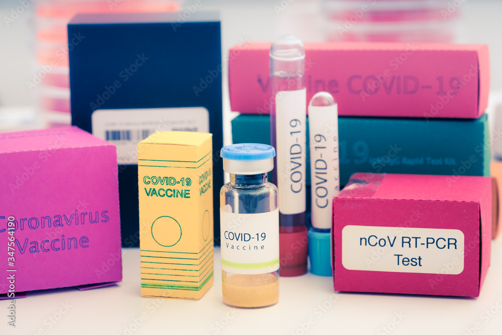 Canvas Prints A set of medicines in medical lab for coronavirus NCOV- 19 from PCR test, antibody test, vaccine and remdesivir antiviral drug