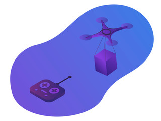 a modern quadrocopter flying in the air on a remote control unit delivering a parcel in a box, isometric illustration in violet and blue colors