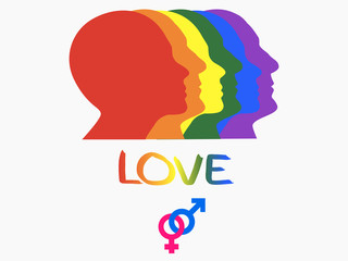 illustration of faces of men and women in profile, LGBT community, love of all genders, couple of girl and guy