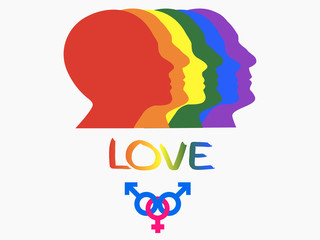 illustration of faces of girls and men in profile, LGBT community, love of all sexes girl with two men