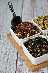 Detail of tea, herbal and rooibos dry leaves. Detox and healthy infusion