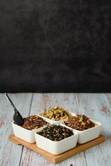 Detail of tea, herbal and rooibos dry leaves. Detox and healthy infusion with copy space