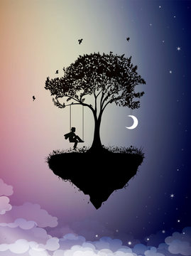 Childhood memories, piece of childhood on the fairy sky, boy on swing, silhouette scene in the dreamland,