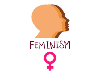 illustration of the faces of girls in profile of different races, feminism with a female sign