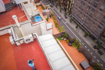 Aerial view  of buildings in Barcelona downtown, Eixample. Spain. Drone Photo