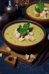 broccoli cream soup with croutons for lunch, vertical