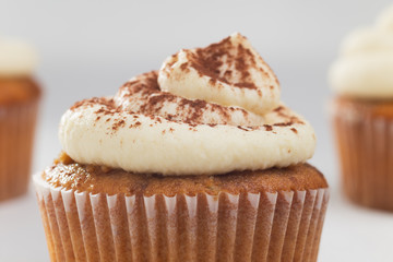 Tiramisu cupcake on white background