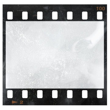 empty and blank 35mm filmstrip with dust isolated on white background and frame edge number two.