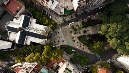 Aerial view of the catholic church in the middle of the Palermo neighborhood in Buenos Aires, Argentina. The ch surrounded by autumn trees during the sunset with warm light and visible surroundings