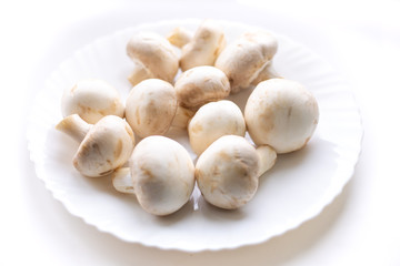 Fototapeta na wymiar on a white plate are mushrooms champignons,