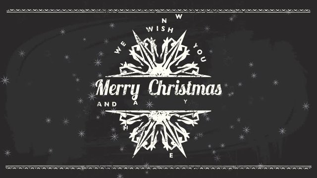 rock metallic fancy snowflake detached in part with message one wish yourself merry xmas and cheerful new year on black chalkboard