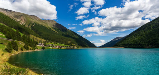 Vernago lake landscape taken from surrounding mountains, Senales Valley, Italy