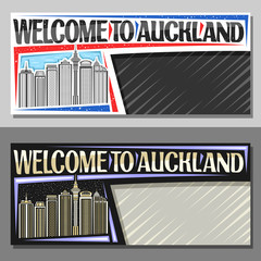 Vector layouts for Auckland with copy space, decorative voucher with illustration of famous auckland city scape on day and dusk sky background, design tourist coupon with words welcome to auckland.