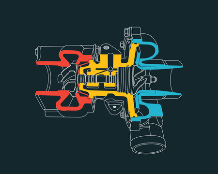 Outline of sectioned turbocharger. Vector illustration