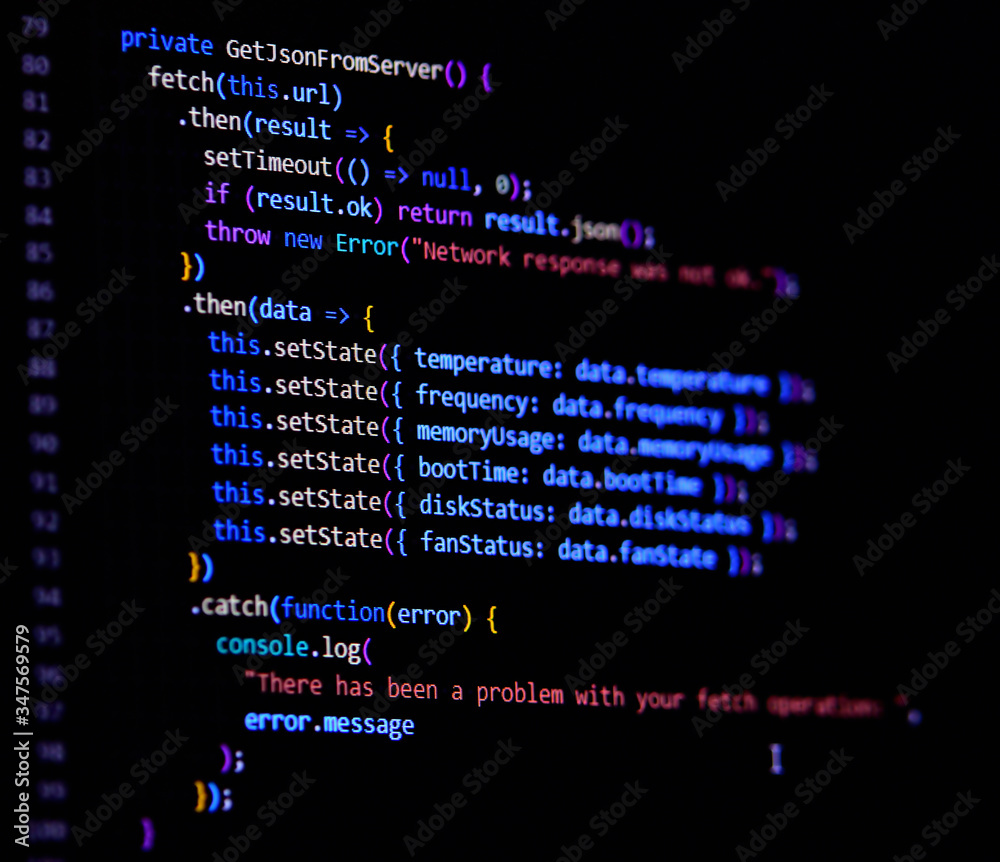 Fototapete modern javascript, typescript, ecma script code with react framework. async with fetch. software pro