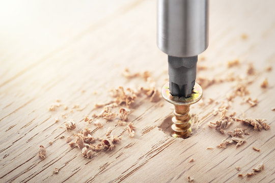 Screwdriver Screw In A Wood Oaks Plank