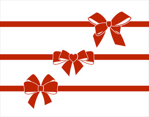 Set of decorative  red bows with horizontal  ribbons isolated on white. Vector gift red bow. Concept for invitation, banners, gift cards