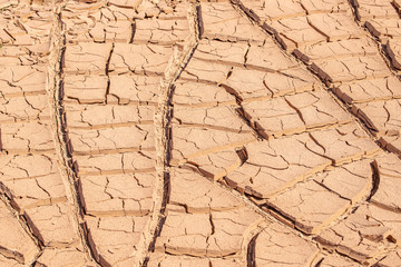 Deep cracks in desert clay textured background pattern from a dried pool in an aird wash after the water evaporated