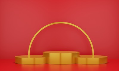 Gold pedestal for display. Empty product stand with geometrical shape. minimal style. 3d render.