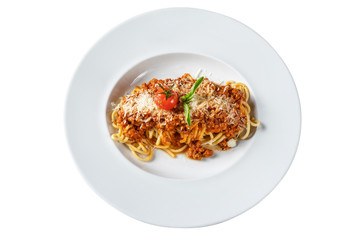 Italian dish of bolognese with spaghetti on a plate. On white background.