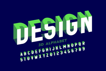 3D style modern font, alphabet letters and numbers