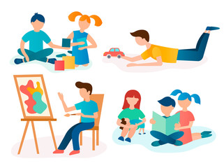 Fototapeta premium Playing cubes, drawing, reading, playing with dolls children.
