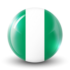 Glass light ball with flag of Nigeria. Round sphere, template icon. Nigerian national symbol. Glossy realistic ball, 3D abstract vector illustration highlighted on a white background. Big bubble.